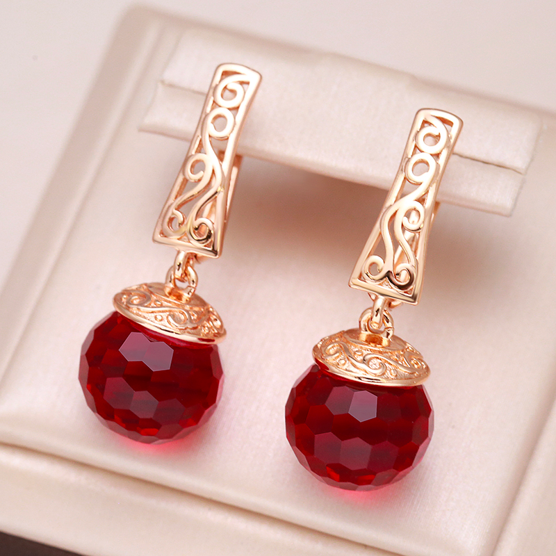 Elegant Red Crystal Ball Earrings in Gold Precious Gems