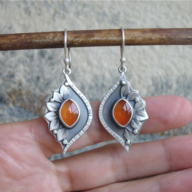 Orange Boho Earrings with Crystals Precious Gems