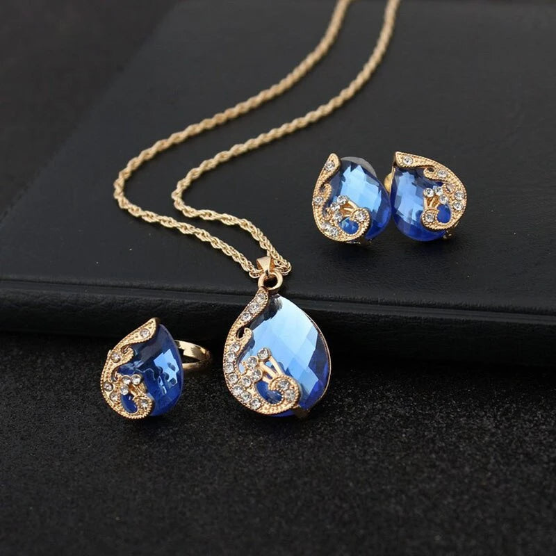 Set Necklace + Blue Crystal Drop Earrings in Gold