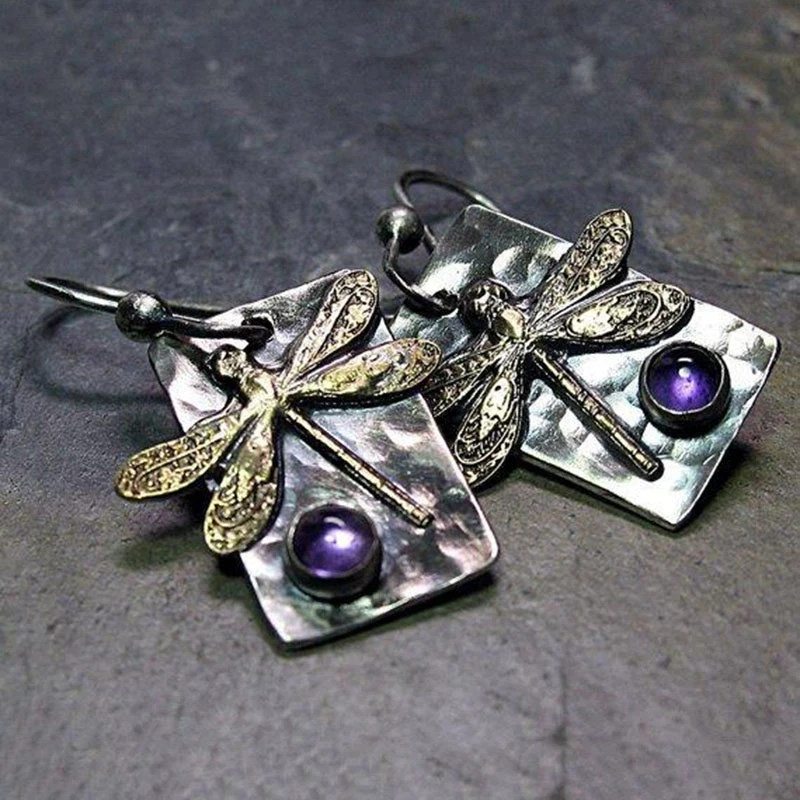 Vintage Dragonfly Purple Crystal Earrings