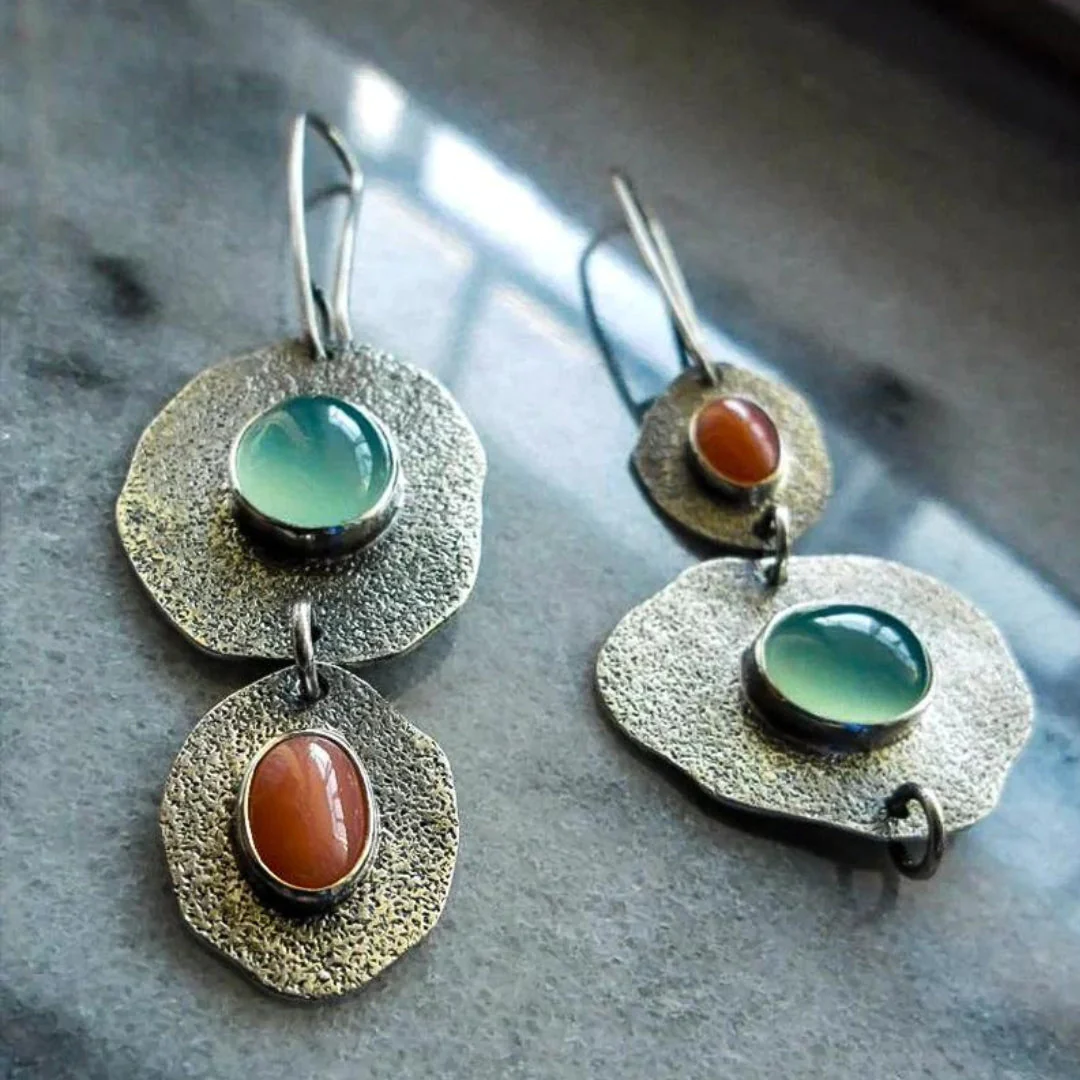 Vintage Green and Orange Silver Earrings