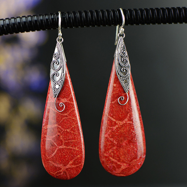 Vintage Red Stone Silver Earrings