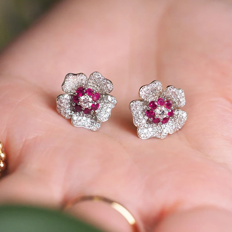 Vintage Red Flower Zirconia Earrings