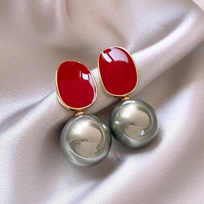 Elegant Dark Pearl Red Enamel Earrings