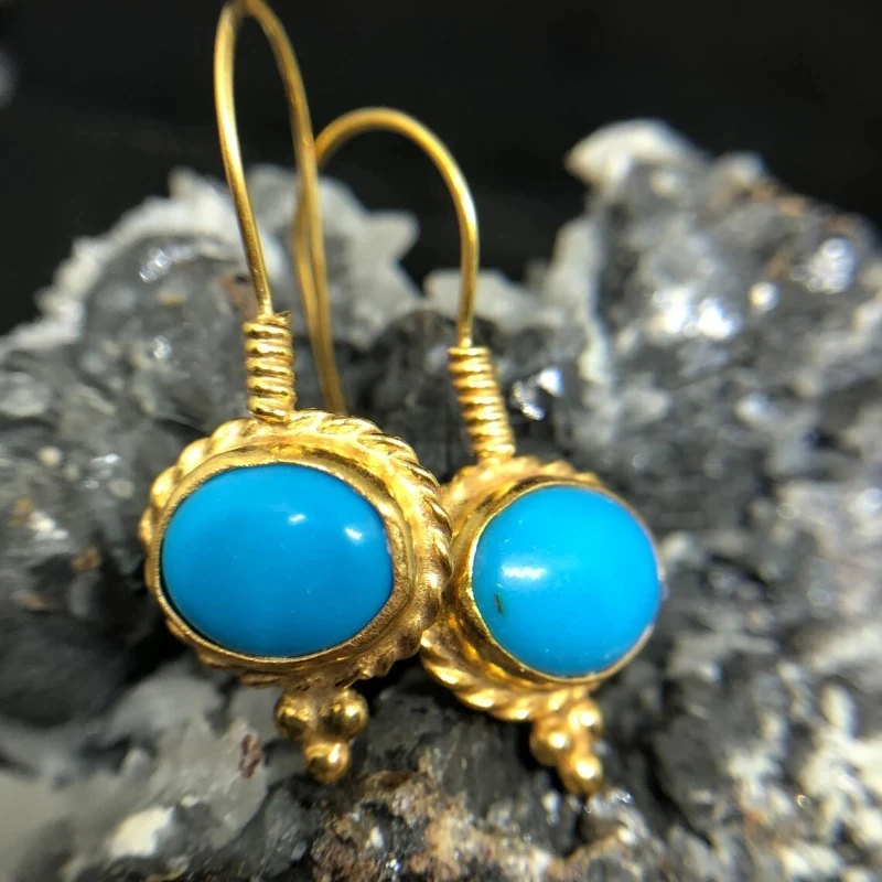 Vintage Inlaid Blue Stone Golden Earrings