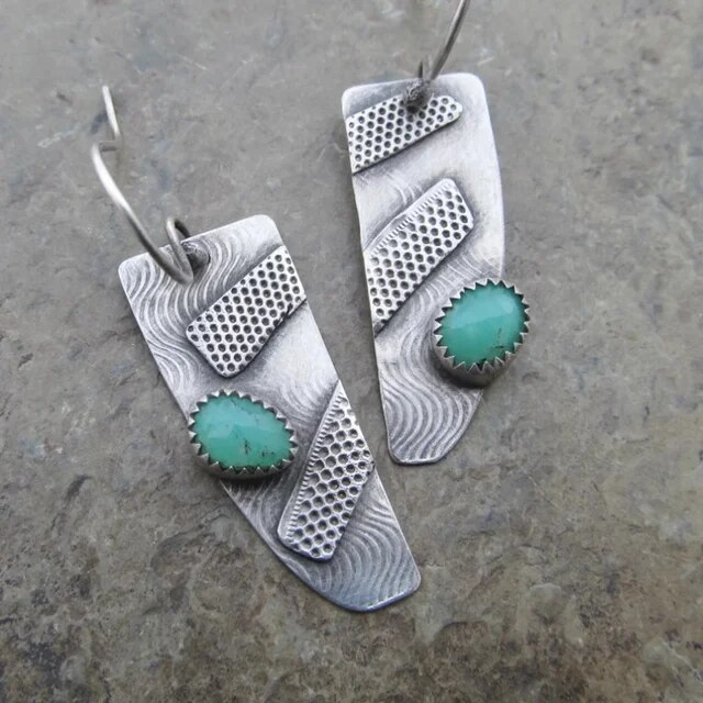 Vintage Inlaid Turquoise Stone Saw Earrings