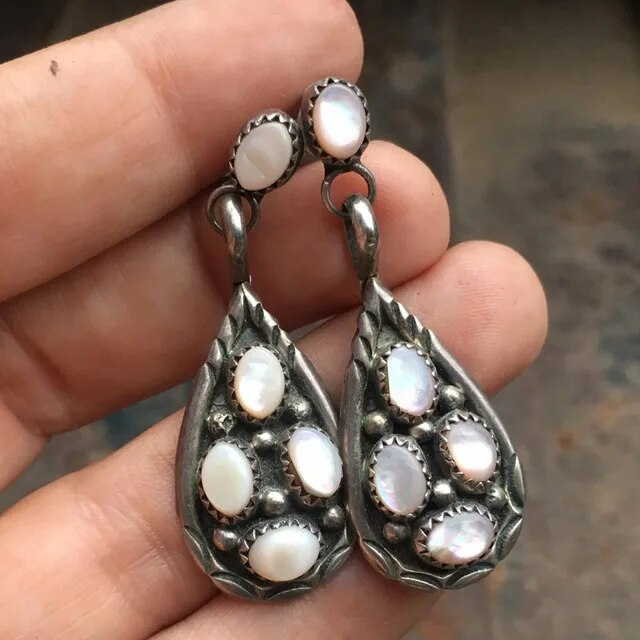 Vintage White Inlaid Opal Drop Earrings