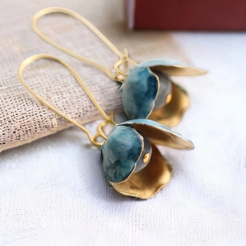 Vintage Blue Lotus Golden Earrings