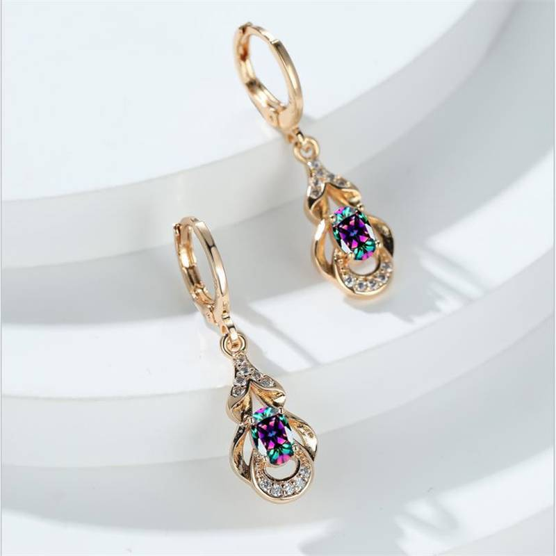 Elegant Gold Colorful Zirconia Dangling Earrings