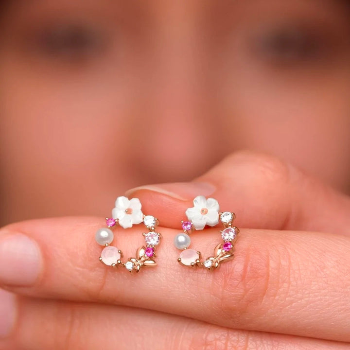 Elegant Floral Earrings with Pearls and Zirconia in Rose Gold