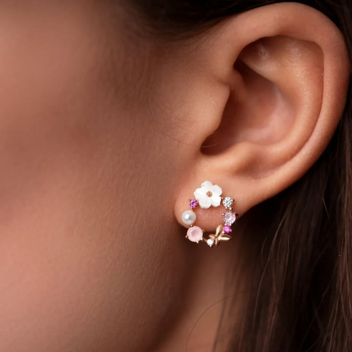 Elegant Floral Earrings with Pearls and Zirconia in Rose Gold