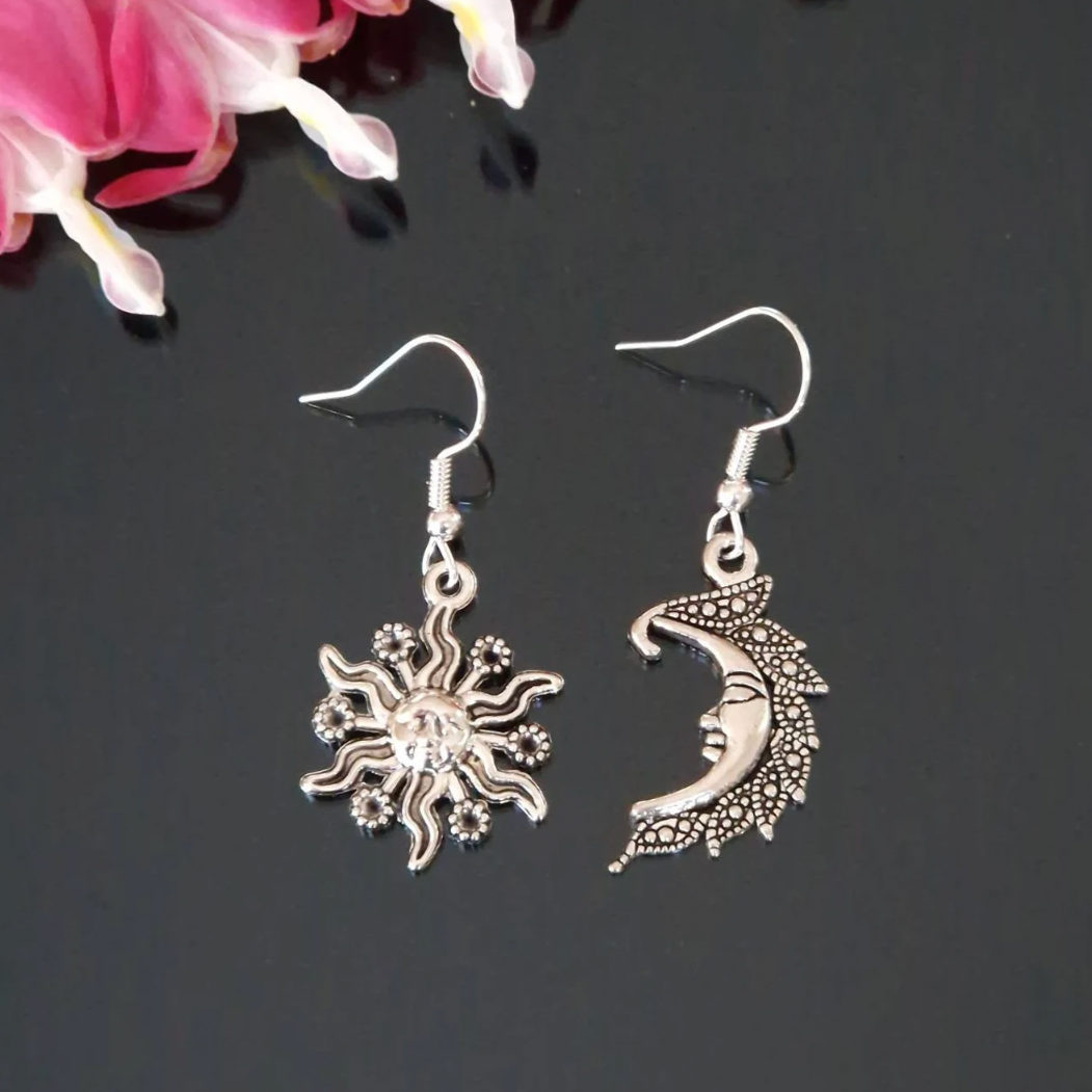 Exotic Sun and Moon Earrings in Silver