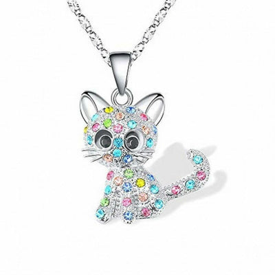 Silver Baby Kittens and Coloured Zirconia Necklace