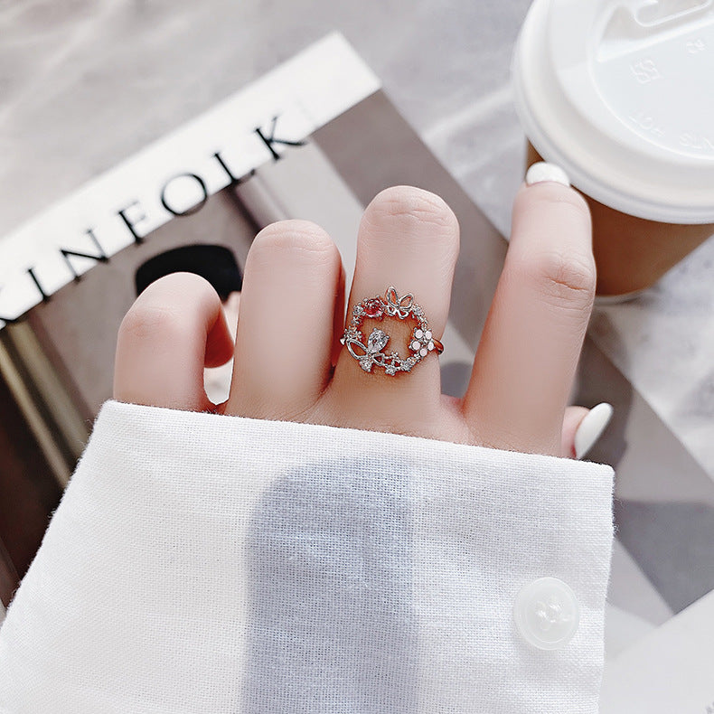 Adjustable Zirconia and Red Stone Ring in Gold