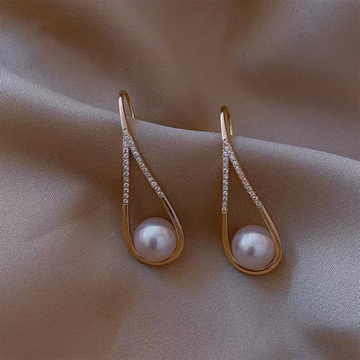 Pearl and Zirconia Pendant Earrings in Gold