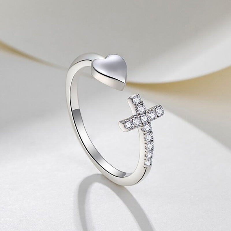 Adjustable Heart Ring with Zirconia Cross