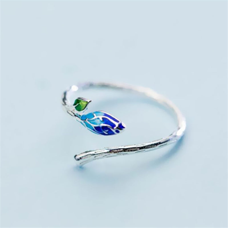 Adjustable Leaf Ring with Blue Enamel in Silver