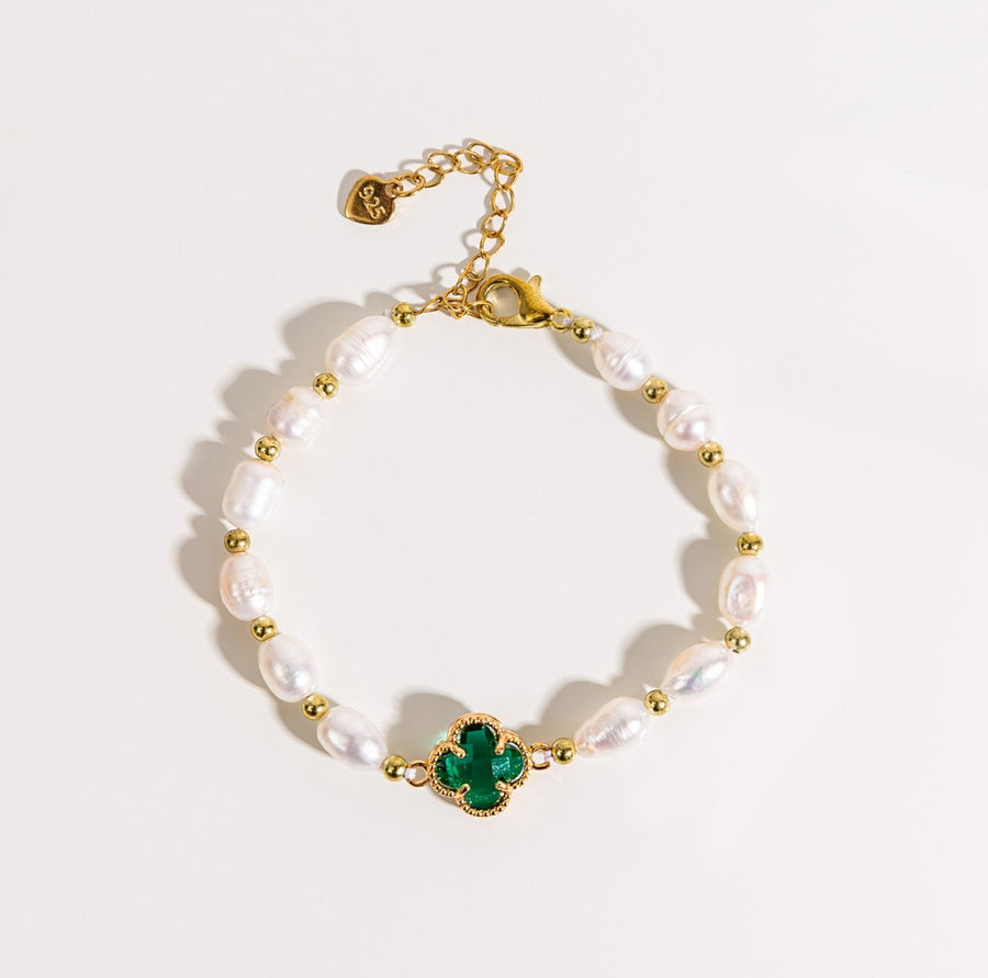 Emerald Cloverleaf Bracelet with Emerald and Pearls in Gold