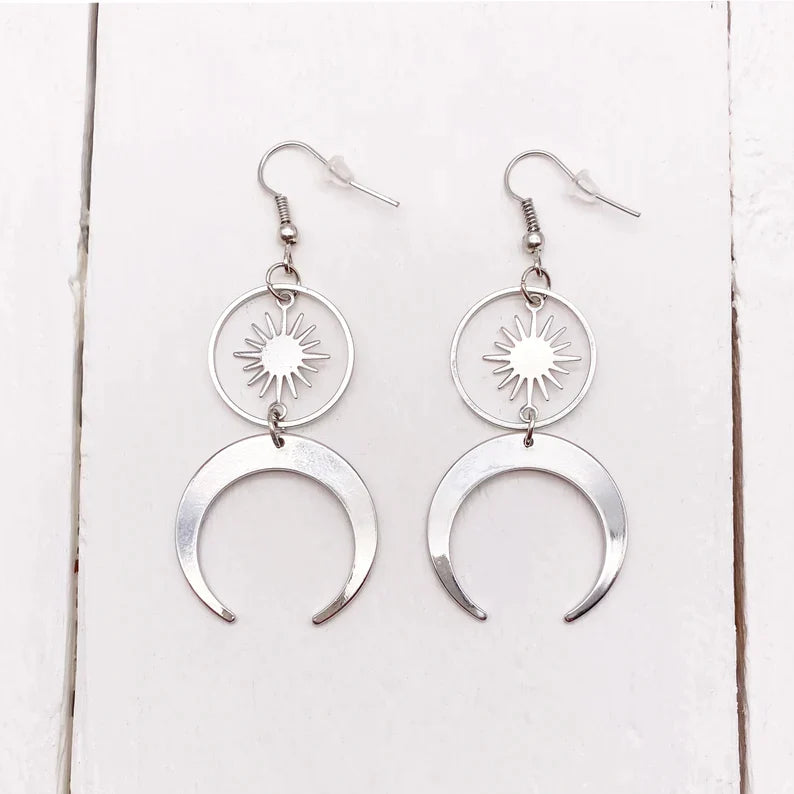 Stainless Steel Half Moon Crescent Earrings and Solar Talisman