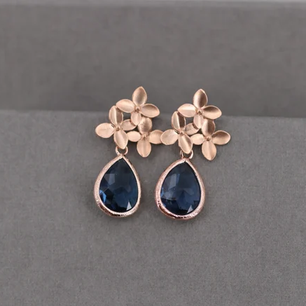 Blue Crystal Golden Flower Earrings