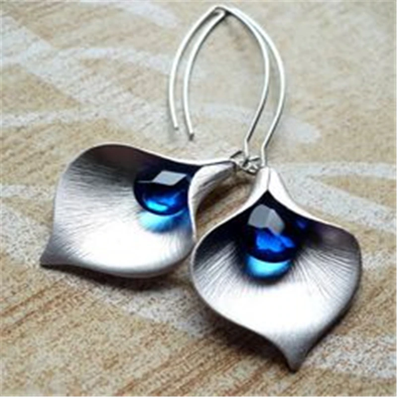 Blue Crystal Silver Lotus Earrings