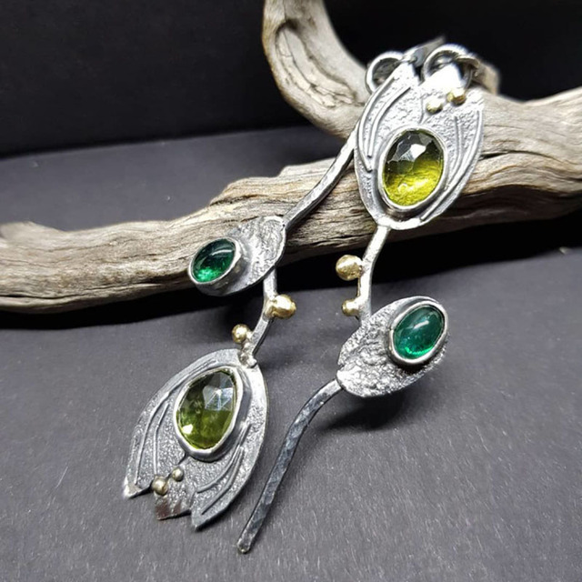 Boho Earrings with Green Stones in Sterling Silver