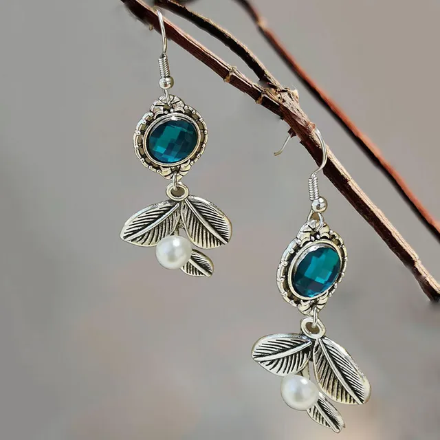 Vintage Pearl Blue Crystal Leaf Earrings